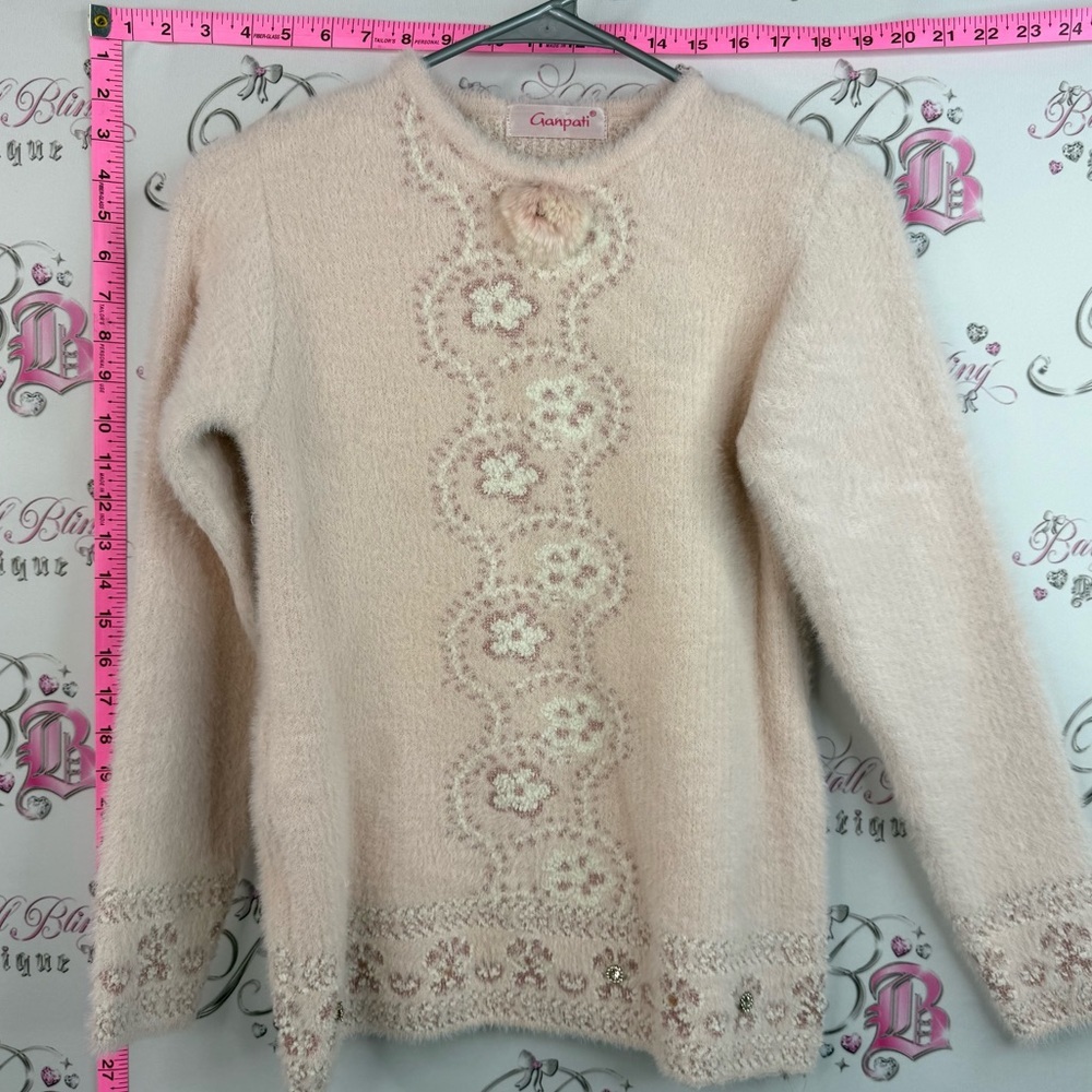 Ganpati sweater soft fuzzy furry Pale Pink Floral-Applique Crewneck Sweater